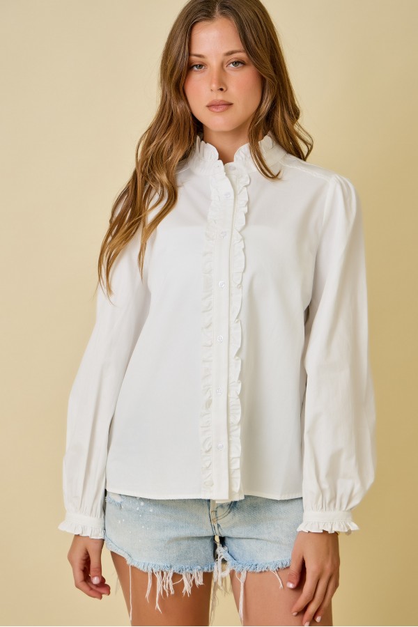 Long Sleeve Ruffle Neckline Button Down Shirts Blouse
