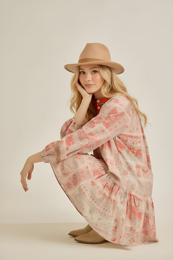 Printed Contrast Trim Long Sleeves Dress