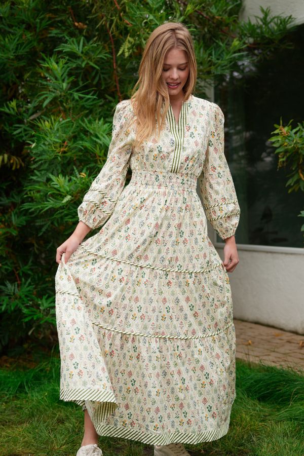 Novelty Fabric Maxi 3/4 Sleeve Dress with Lining